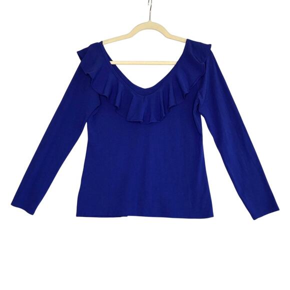 LILLY PULITZER Alessa V-Neck Flounced LS Knit Top Women S Blue Retro Boho Party - Picture 3 of 11